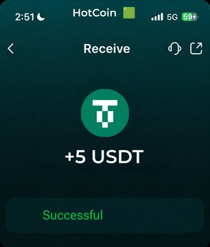 A screenshot of the HotCoin app's "Receive" screen displays a successful transaction of "+5 USDT" in green, confirming the bonus payout mentioned in the post. The interface shows the HotCoin branding at the top with 5G connectivity and a 59% battery indicator.