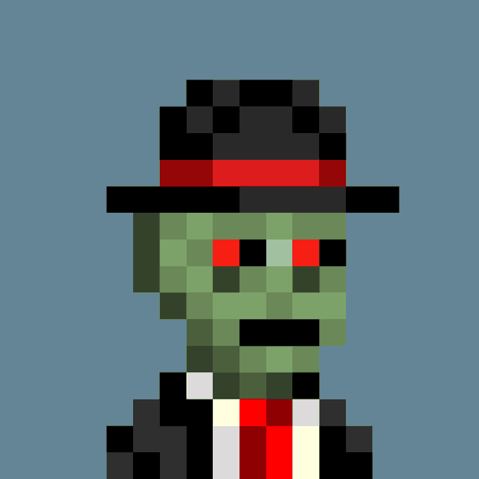 A pixel art illustration of a green-skinned zombie character wearing a black top hat with a red band, a black suit, and a red and white striped tie.