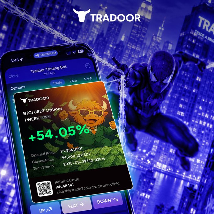 A promotional image for the 'TRADOOR' Telegram trading bot showing a +54.05% return on BTC/USDT Options for 1 week, overlaid on a Spider-Man themed cityscape background.