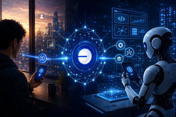 A futuristic AI-themed illustration showing a human and a humanoid robot using smartphones, with a glowing neural network and tech icons between them against a city skyline at sunset.