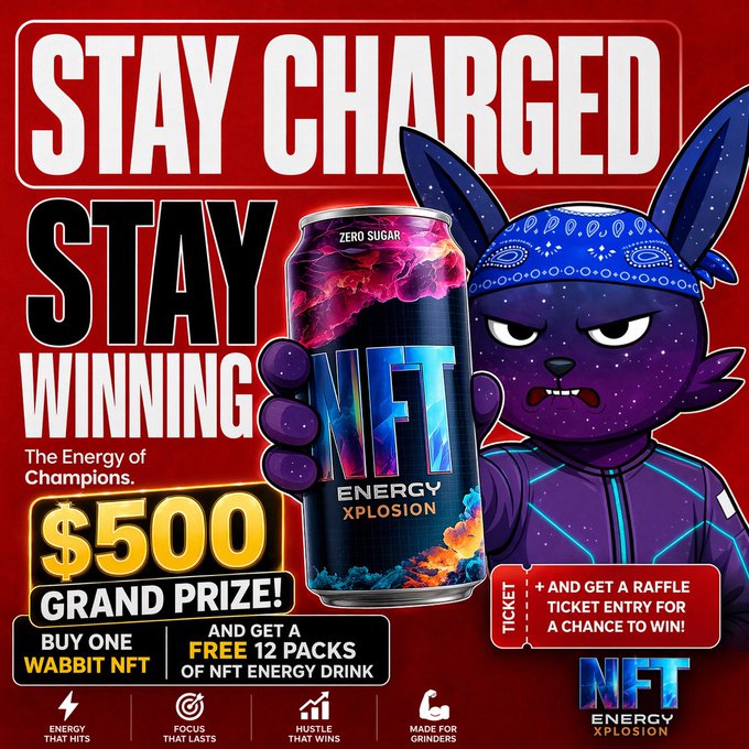 The image features an advertisement for energy drinks, specifically Energy Wabbit Promo Tier. The text on the image encourages people to participate in a raffle or contest by purchasing a product from the company. The post also mentions that there are free 12-pack promotions available and invites users to join the movement towards sustainable energy consumption.