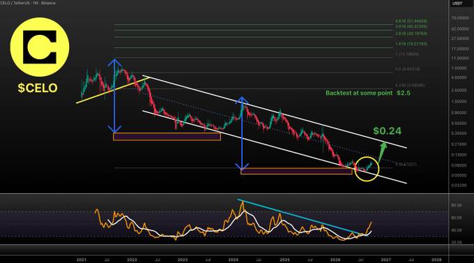 This image is a CELO/USDT weekly Binance chart displaying a descending channel pattern (highlighted with white trendlines) from 2021 to 2026, with the most recent price action (around $0.24) circled in yellow, indicating a breakout from the lower boundary. Technical annotations mark price targets at $2.5 (highlighted green) and $0.24 (short-term target), along with Fibonacci retracement levels (0.236, 0.382, 0.5, 0.618, 1.618, 2.618) and an RSI indicator showing a bullish divergence at the bottom, supporting the post's claim of a confirmed bottom reversal.