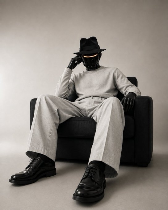 A figure wearing a black fedora, a futuristic black mask with a glowing horizontal orange visor, and gray sweatpants sits in a black armchair while making a phone call.