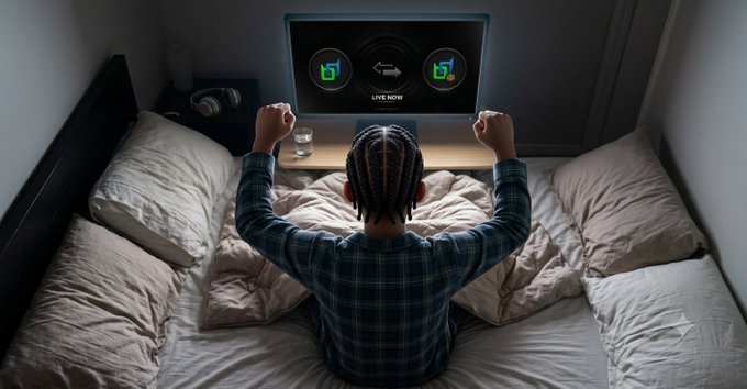 A person with braided hair wearing a plaid shirt sitting on a bed with raised fists in celebration, watching the 'CHAINBRIDGE LIVE NOW' interface on a television screen.