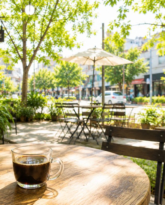 A glass cup of black coffee sits on a wooden table at an outdoor café, with trees, an umbrella, chairs, and a street visible in the background.