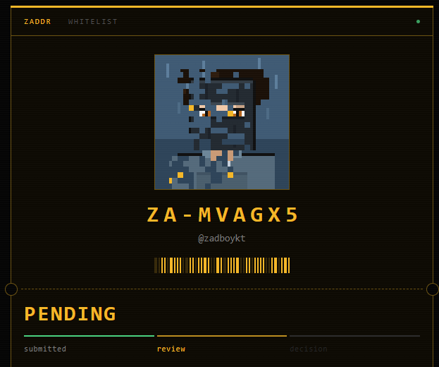 A pixel art character profile page displaying 'ZA-MVAGX5' (@zadboyktt) with a 'PENDING' status and a progress bar showing stages from 'submitted' to 'decision'.