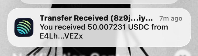 A phone notification reads 'Transfer Received (8z9j...iy...) You received 50.007231 USDC from E4Lh...VEZx' from 7 minutes ago.