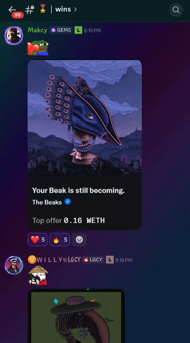 The image shows a phone screen displaying a social media app with a message from a user named @LegacyWeb3io congratulating another user for winning a game. The message reads, "That's what @LegacyWeb3io is all about Community winning together. We allocated 3 GTD spots for @thebeaksart and it's been amazing to see that everyone shared their wins. No matter where they secured their whitelist, the loyalty and support within the community stayed strong." The app has a purple background with white text, and there are several other users' names and messages visible on the screen as well.