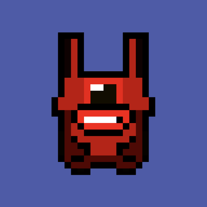 A pixel art illustration of a red rabbit-like character with black outlines on a blue background.