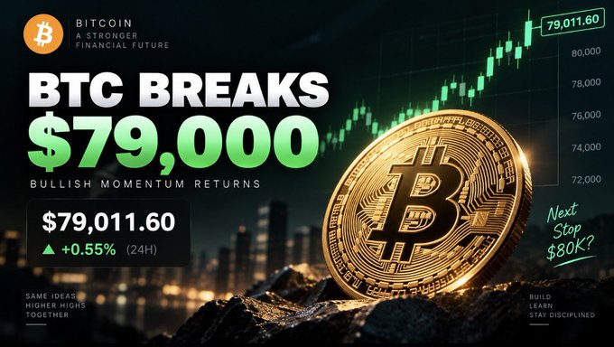 A Bitcoin promotional graphic showing 'BTC BREAKS $79,000' with 'BULLISH MOMENTUM RETURNS,' a current price of '$79,011.60' up '+0.55% (24H),' and text noting 'Next Stop $80K?'.