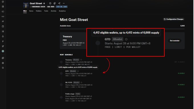 A screenshot of the "Mint Goat Street" NFT project webpage highlighting a free mint event with "4,412 eligible wallets, up to 4,412 mints of 8,666 supply" starting August 28 at 8:00 PM GMT+8.