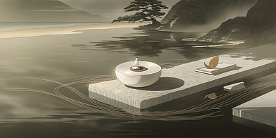 A serene Japanese-style ink painting showing a bonsai tree on a distant shore and a small stone platform with pottery in the foreground.