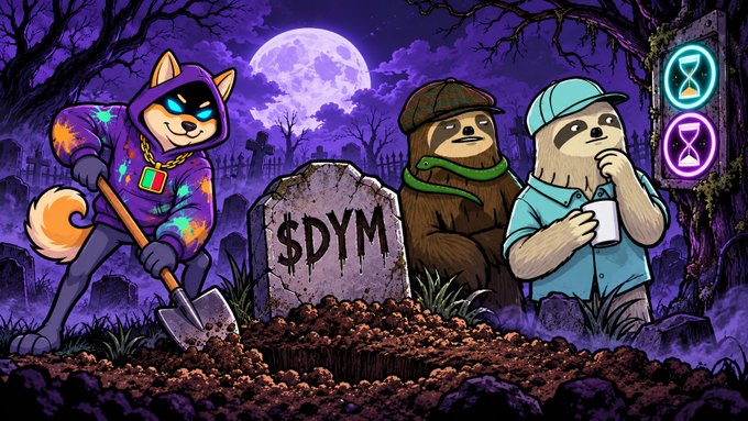 A cartoon illustration shows a cat in a hoodie digging a grave with a tombstone reading '$DYM', while two bears stand nearby under a full moon, with neon hourglass signs on the right.