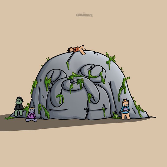 A cartoon illustration from Chimiking showing small characters around a large grey stone face covered in green moss or vines.
