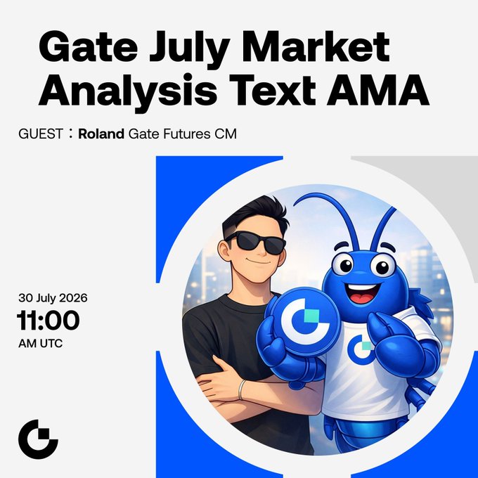A promotional graphic for "Gate July Market Analysis Text AMA" featuring Roland, Gate Futures CM, with an illustrated man in sunglasses and a blue mascot, scheduled for 11:00 AM UTC on July 30, 2026. The image aligns with the post announcing the AMA event with $10 airdrop prizes for 5 winners.