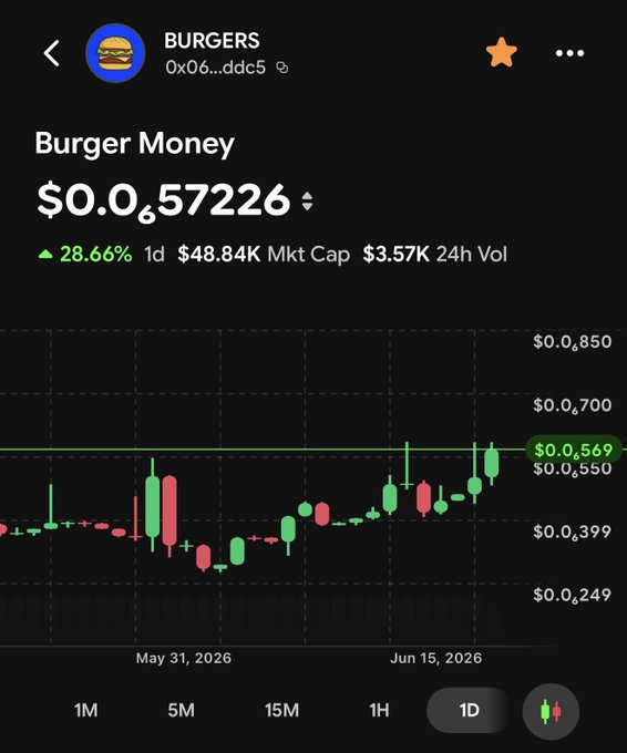 The image shows a screenshot of a stock market trading app that displays a graph of hamburger money, which indicates a rise in the value of the hamburger money symbol. The graph also features a green line representing the volume of the exchange rate, suggesting an upward trend in the value of the currency being bought and sold for hamburger money.