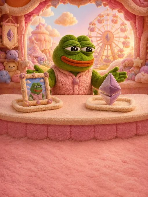 A whimsical, fluffy-textured 3D rendering shows a green Pepe the Frog-like character wearing a pink vest, holding a framed picture of itself next to a purple Ethereum logo crystal, set in a pink, candy-like amusement park.