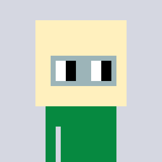 A minimalist pixel art illustration of a figure with a beige rectangular head featuring black vertical bars for eyes and a green rectangular body.