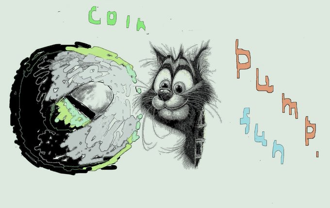 A digital sketch of a fluffy cat looking mischievously at a dripping, metallic orb, accompanied by colorful, hand-drawn text that appears to read 'coin', 'pump', and 'fun'.