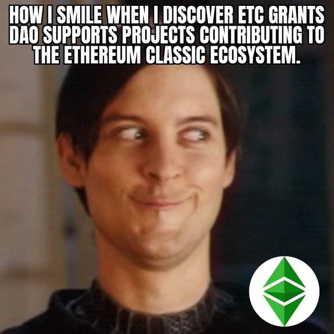 A man gives an awkward sideways smile beneath the caption "HOW I SMILE WHEN I DISCOVER ETC GRANTS DAO SUPPORTS PROJECTS CONTRIBUTING TO THE ETHEREUM CLASSIC ECOSYSTEM." with an Ethereum Classic logo in the bottom right, humorously illustrating the post's excitement about ETC Grants DAO funding genuine ecosystem development.