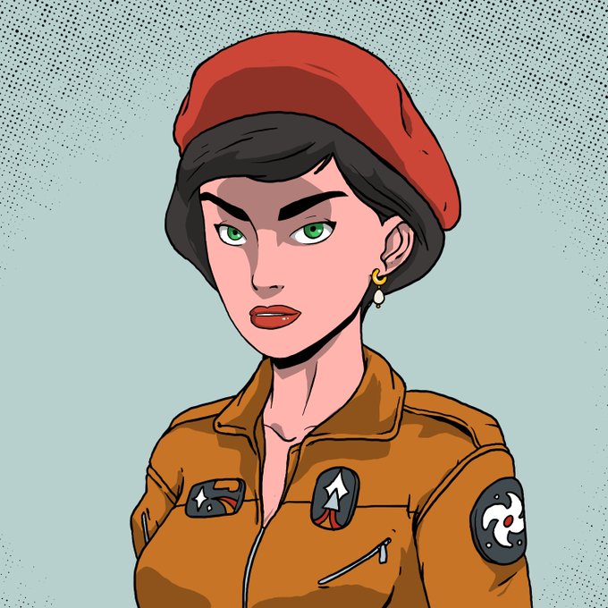 A digital comic-style illustration of a woman with green eyes wearing a red beret and a brown jacket adorned with various patches, set against a light blue dotted background.