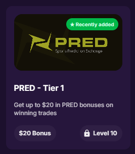 A mobile app interface showing 'PRED - Tier 1' with 'Recently added' badge, offering 'Get up to $20 in PRED bonuses on winning trades' and a locked '$20 Bonus' requiring 'Level 10'.