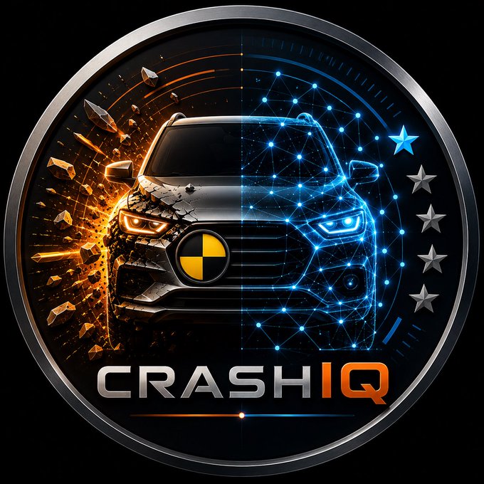 A circular logo for 'CRASH IQ' featuring a car split down the middle, with the left side showing fiery orange destruction and the right side showing a blue digital/tech pattern, accompanied by silver stars.