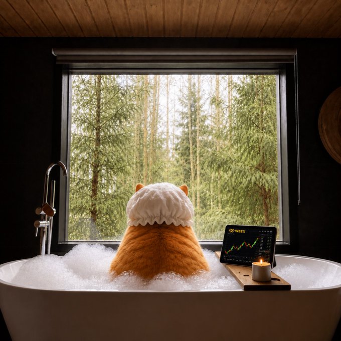 A whimsical AI-generated image shows an orange cat viewed from behind, wearing a white shower cap, relaxing in a bubble bath in front of a large window overlooking a pine forest, with a tablet displaying a trading chart and a lit candle on a wooden bath tray.