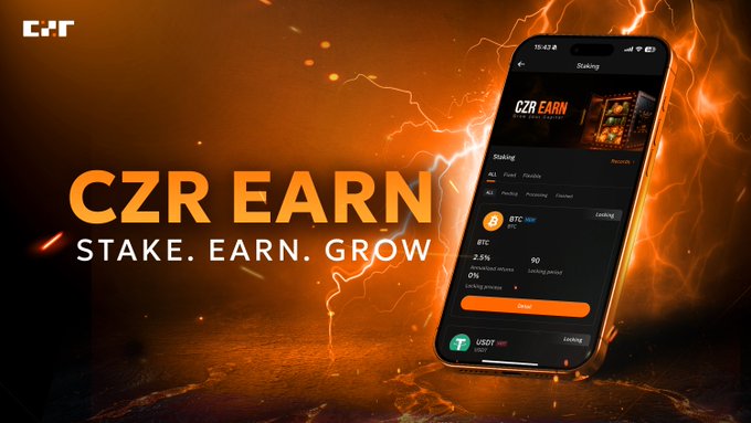 A promotional banner for 'CZR EARN' with the slogan 'STAKE. EARN. GROW.', showing a smartphone displaying a staking app interface with BTC and USDT options against a fiery orange background.