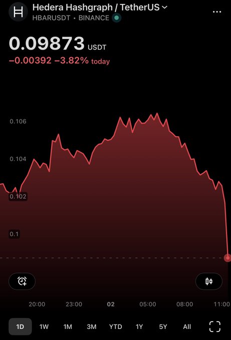 A cryptocurrency price chart for Hedera Hashgraph (HBARUSDT) on Binance showing a price of 0.09873 USDT, down 3.82% today, with a red line graph showing price decline over a 1-day period.