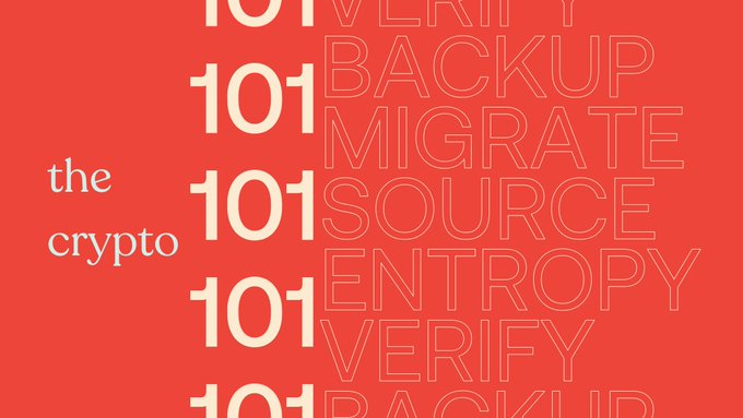 The image is a bold graphic with an orange-red background, featuring "the crypto" in white serif text on the left and a repeating pattern of "101" alongside outlined terms—"BACKUP," "MIGRATE," "SOURCE," "ENTROPY," "VERIFY," and "BACKUP"—in a stacked list on the right. It serves as title artwork for an episode of "Crypto 101" (episode 36), visually introducing beginner-friendly concepts around key security that align with the post's discussion on the importance of secure key generation, not just self-custody.