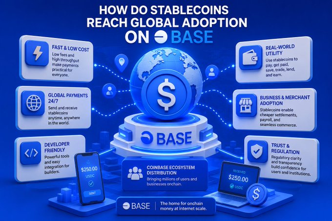 An infographic titled 'HOW DO STABLECOINS REACH GLOBAL ADOPTION ON BASE' detailing features like fast & low cost, global payments, developer friendliness, real-world utility, business adoption, and trust & regulation.