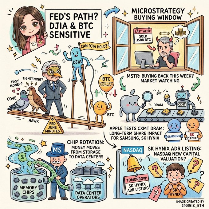A colorful cartoon-style financial infographic by @gigiz_eth covering the Fed's path, DJIA & BTC sensitivity, MicroStrategy buying window, MSTR buyback, Apple testing CXMT DRAM, chip rotation, and SK Hynix ADR listing on Nasdaq.