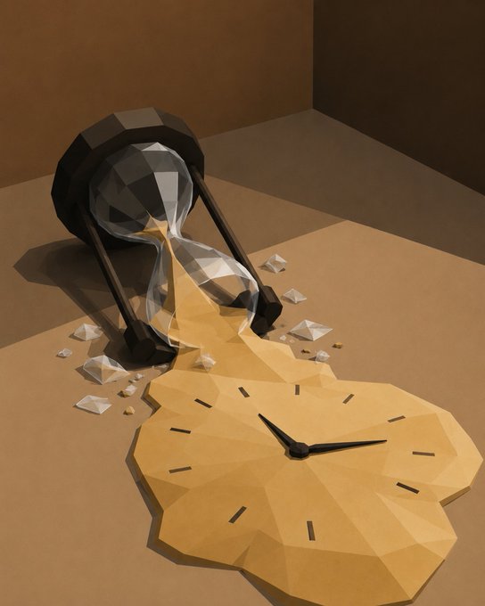 A surreal digital artwork depicts an hourglass spilling sand that transforms into the face of a clock with black hands, surrounded by shattered glass crystals on a tan surface.