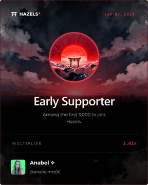 A digital 'Early Supporter' badge from Hazels dated September 7, 2026, awarded to user 'Anabel' (@anabelmtz86) for being among the first 3,000 to join.