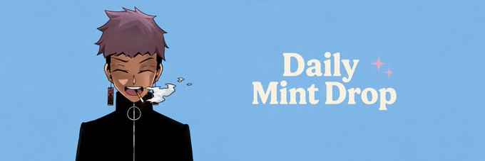 The image features a cartoon character with brown hair, wearing a black jacket and smoking a cigarette. The character's face has a big smile, giving off a happy vibe. The background of the image is blue, which contrasts nicely with the brown hair of the character. The text "Daily Mint Drop" is written in white letters at the bottom of the image.