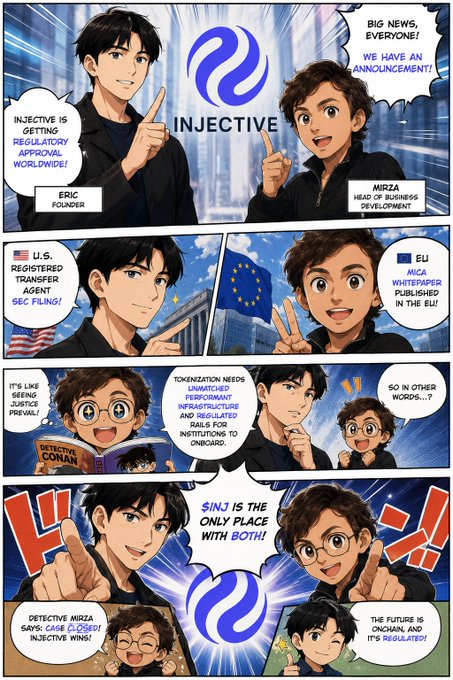 An anime-style manga comic announcing that 'INJECTIVE' is getting regulatory approval worldwide, featuring characters Eric (Founder) and Mirza (Head of Business Development) alongside Detective Conan references and regulatory news.