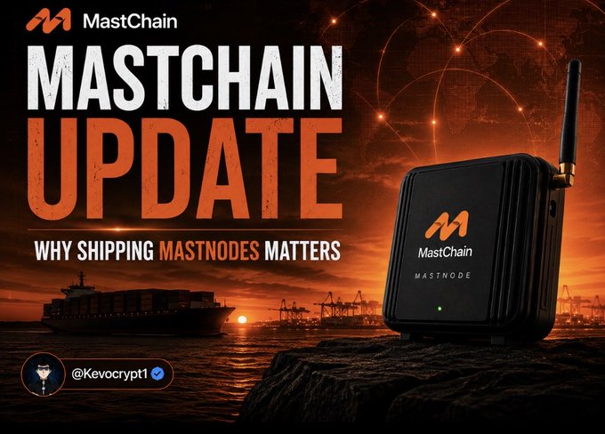 A promotional graphic for MastChain titled 'MASTCHAIN UPDATE: WHY SHIPPING MASTNODES MATTERS' features the MastChain device against a backdrop of a cargo ship and port at sunset, branded by @Kevocrypt1.
