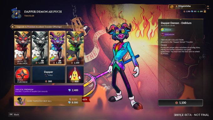 A video game screenshot showing a 'Dapper Demon AHI Puch' shop interface with four colorful demon characters and a larger 3D render of 'Dapper Demon - Delirium' holding a staff.