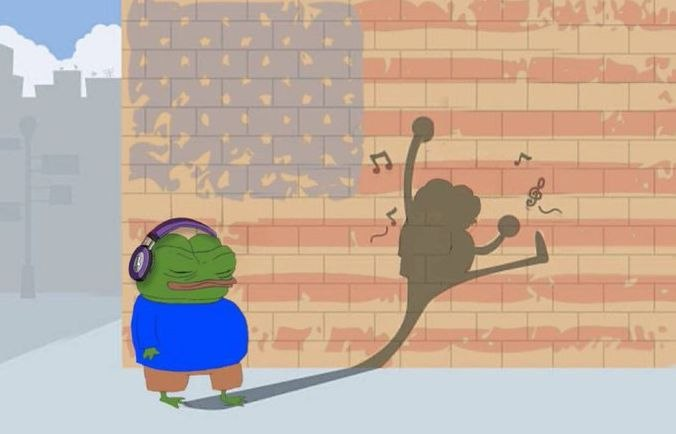 A cartoon shows a chubby green frog wearing headphones and a blue sweater listening to music, casting a shadow on a brick wall that depicts a dancing figure with musical notes.