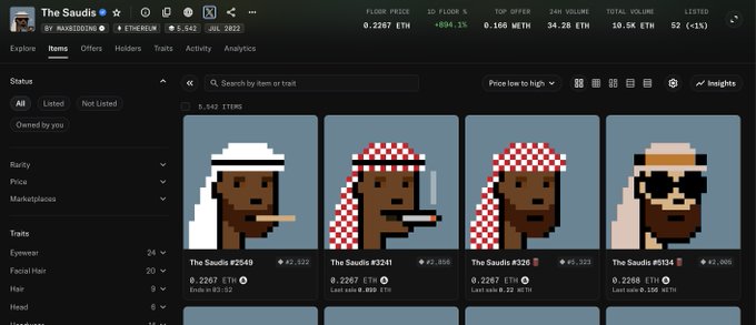 A screenshot of a cryptocurrency NFT marketplace showing 'The Saudis' pixel art character collection with floor prices displayed in ETH.