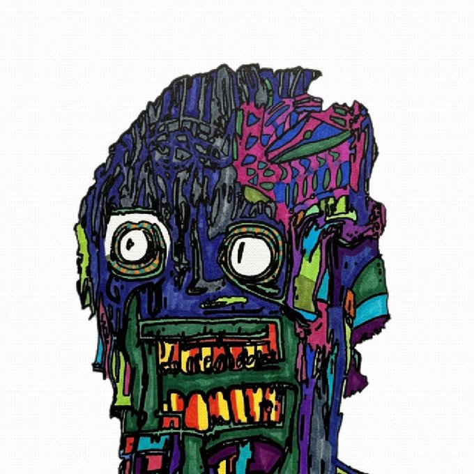 A vibrant, abstract digital illustration depicts a distorted, colorful face with exaggerated wide eyes and a gaping mouth filled with teeth.