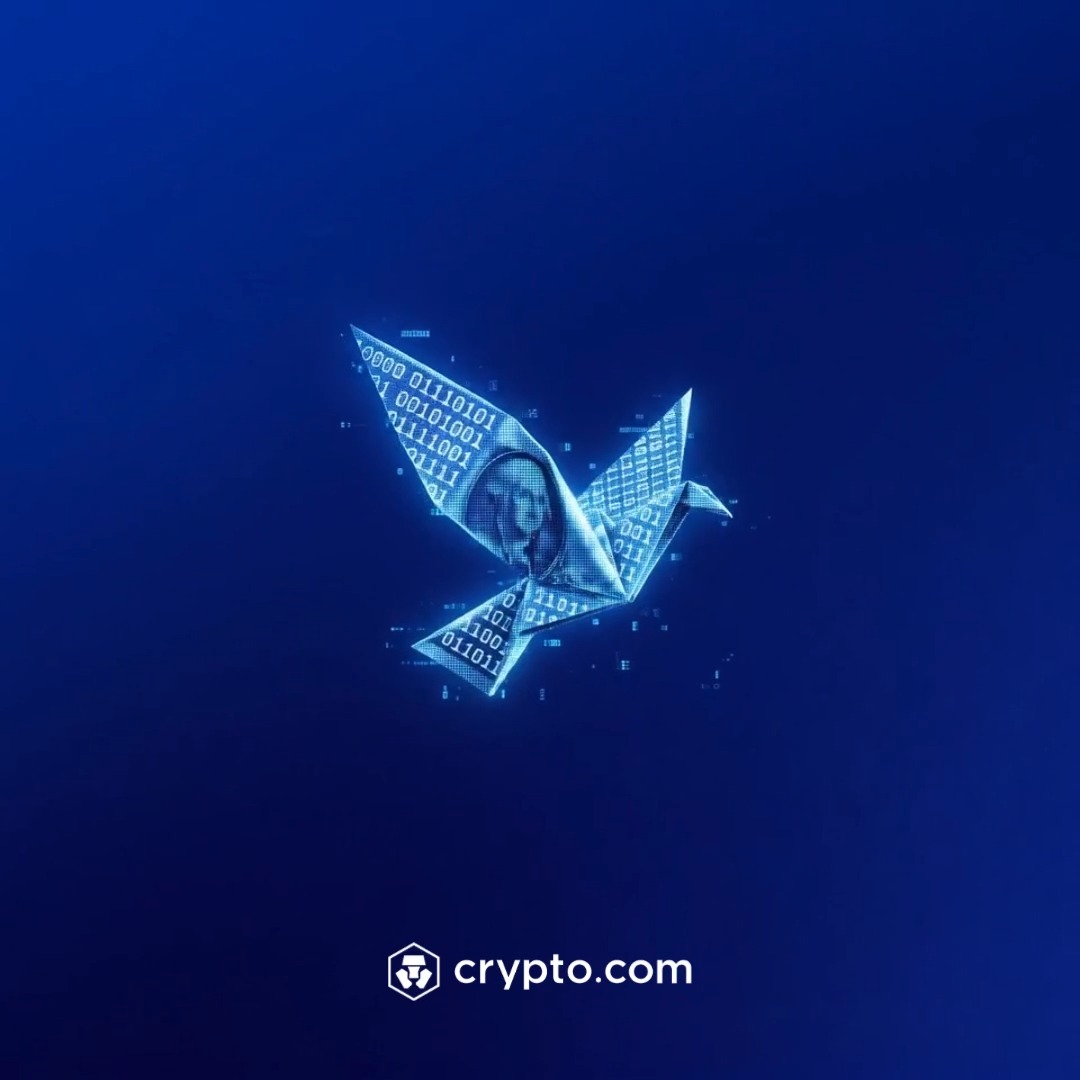 A stylized digital origami crane glowing with binary code (sequences like "0000 011110101") floats against a deep blue gradient background, with the "crypto.com" logo and hexagon symbol displayed at the bottom—visually echoing the post's message of "freeing money from legacy rails" by transforming data into something elegant and unbound.