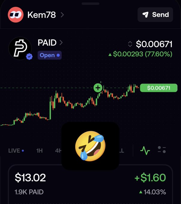 A trading app interface displaying the cryptocurrency 'PAID' with a current price of $0.000671, showing a 77.60% gain, and a portfolio showing $13.02 with a 14.03% increase.