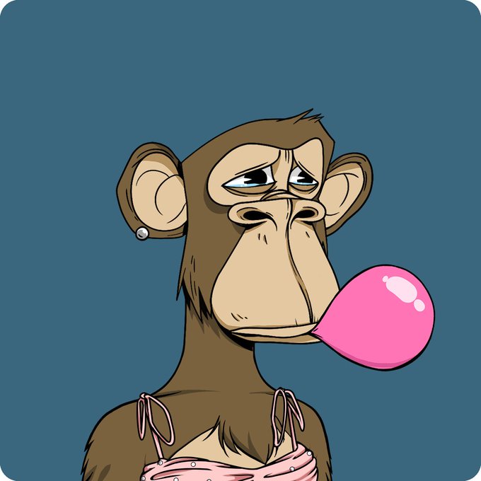 The image features an anthropomorphized cartoon monkey wearing a pink dress, holding a pink balloon, and blowing out a bubble gum bubble. The caption below the image reads "There have been so many new Apes from China on my timeline interacting and sharing their official BAYC profiles! A ton! Amazing to see! What a movement!" which is related to the post about the Ape Facebook page.