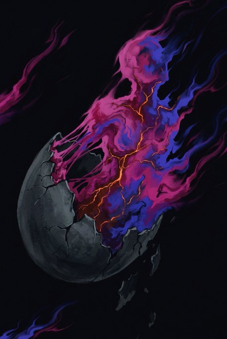 A dark fantasy digital illustration of a cracked grey stone or egg-like shape engulfed in vibrant swirling magenta, blue, and orange flames against a black background.