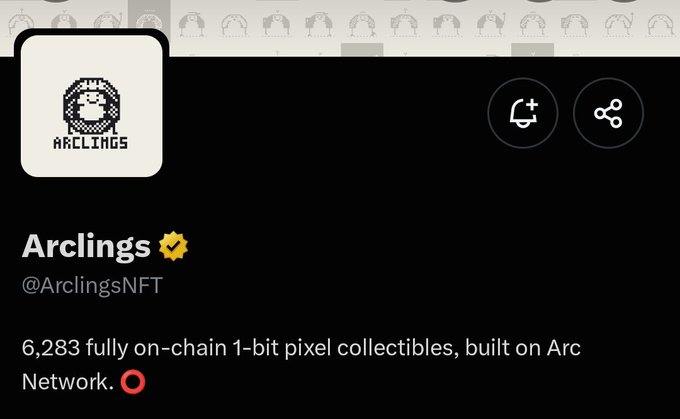 The image shows an X (Twitter) profile for "Arclings" (@ArclingsNFT), displaying a pixel art avatar and describing the project as "6,283 fully on-chain 1-bit pixel collectibles, built on Arc Network." The accompanying post highlights Arclings as a promising project on Arc, with the user inquiring about whitelist (WL) status, which aligns with the project's profile as an NFT collection with limited supply.