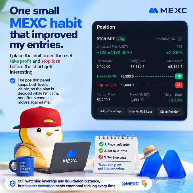 A MEXC trading advertisement featuring a penguin mascot with a laptop, promoting a trading habit with text 'One small MEXC habit that improved my entries' and showing a BTC/USDT long position with +2.35% ROE.