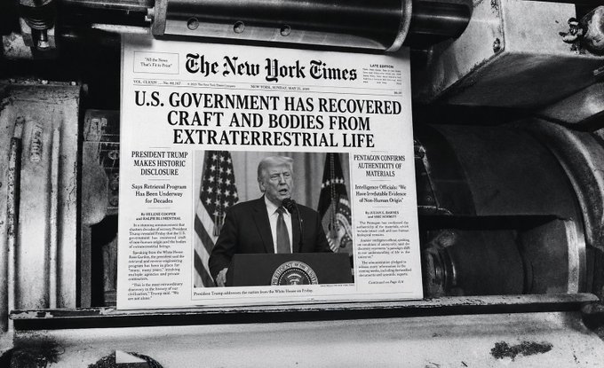 ersatz newspaper machine prints, including a black and white photograph of former President Donald Trump delivering a speech at the U.S. Capitol building.