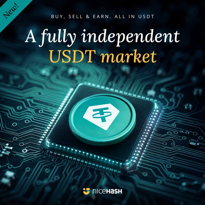 The image shows a circuit board with a green square button that says "USDT" on it, surrounded by various electronic components such as resistors and capacitors. The text above the button reads "A fully independent USDT market", while below it there is a description of what the button does.